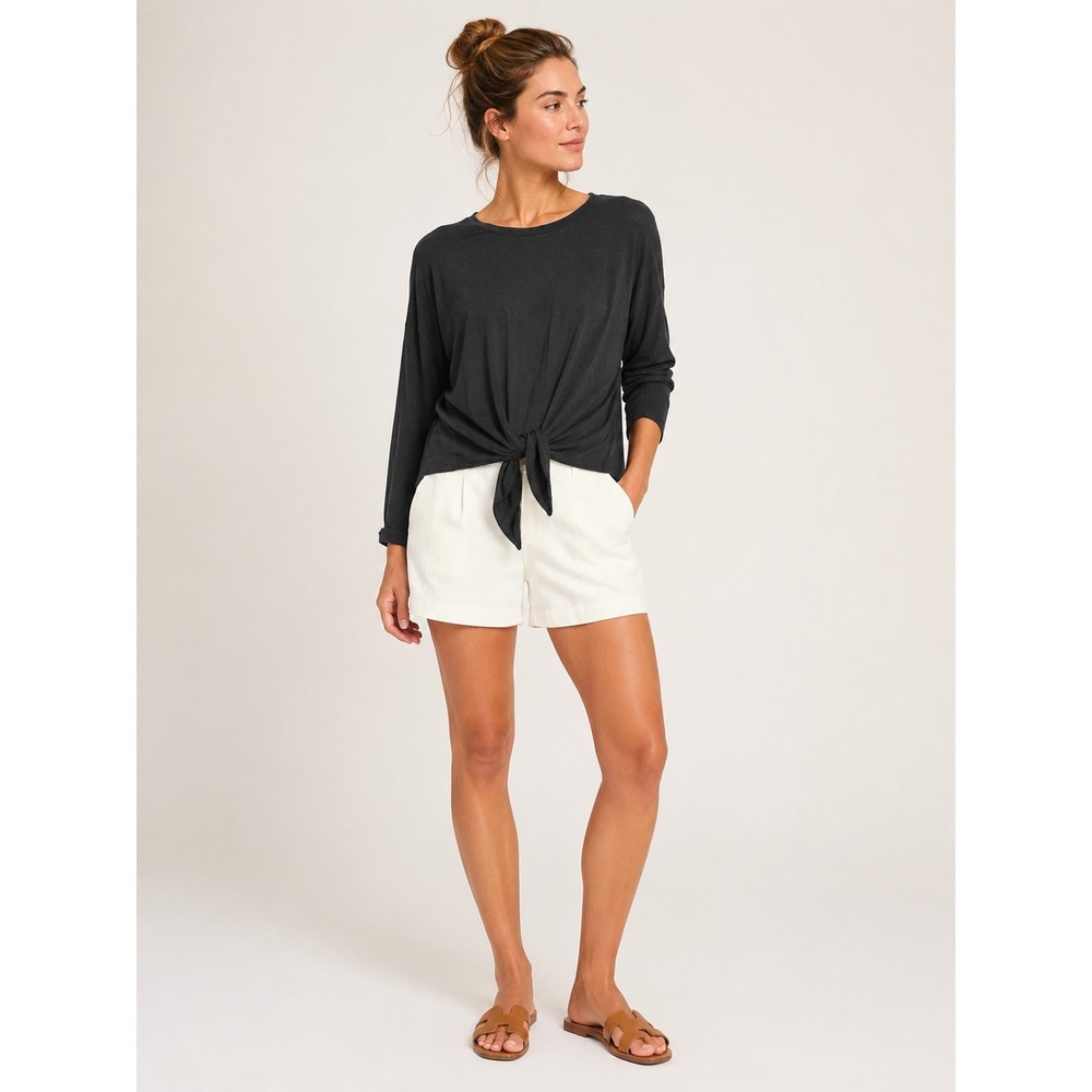 Banana Republic Womens Front Tie Cozy Slub Top Medium Casual Black Long Sleeve